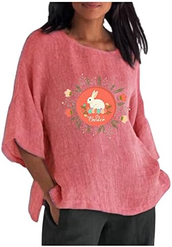חולצת טריקו של פסחא נשים נשים צוואר עגול 3/4 חולצת טיר חולצה עם שרוולים חולצת כותנה וארנבת פשתן