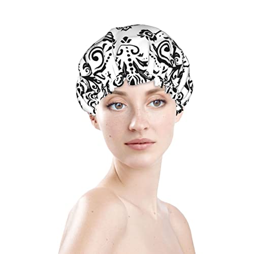 נשים לשימוש חוזר כובע שיער שולי דמשק קישוט לבן שחור שכבות כפולות אטומות למקלחת כובע אמבטיה