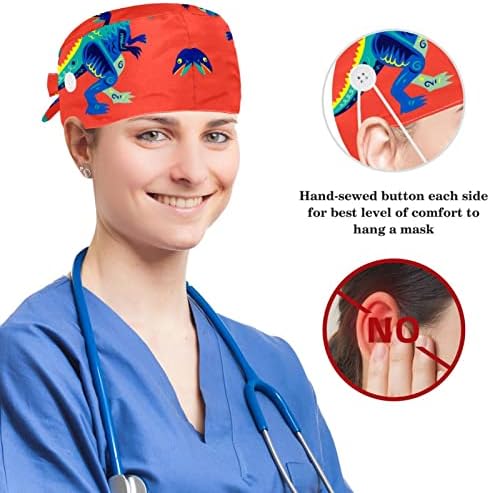 כובע ניתוח כובע בופנט כובע עבודה עם כפתורים ושיער קשת סקרנצ'י לנשים, שיער ארוך, דינוזאור אדום