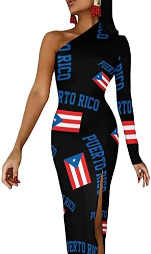 פורטו ריקו דגל נשים של שמלת כתף אחת ארוך שרוול פיצול מקסי שמלת נדנדה שמלה