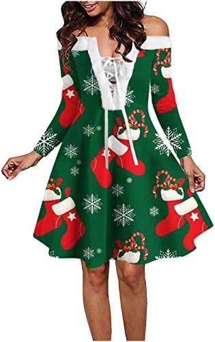 Tifzhadiao שמלות קוקטייל לחג המולד של נשים רצועות V צוואר מטושטש שמלת כתף חג המולד מודפס שמלת ברך נדנדה