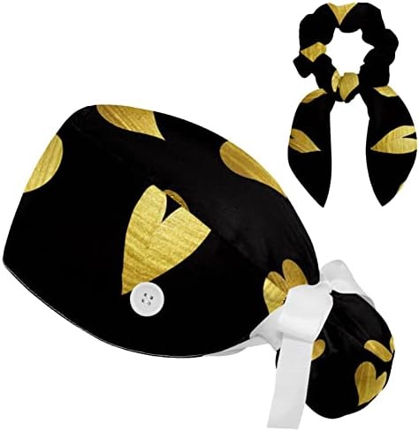 לבבות מוזהבים דפוס אהבה שחור כובע עבודה עם כפתורים, כובע קרצוף שיער ארוך עם שיער קשת מחזיק קוקו מצמצם
