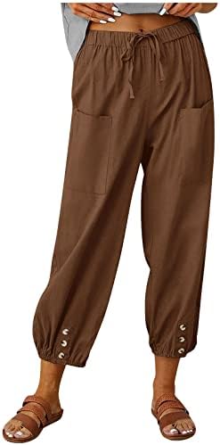 מכנסי פשתן במותניים גבוהות לנשים כיס כותנה חותלות פרוע מכנסיים מזדמנים אלסטיים מכנסיים מזדמנים