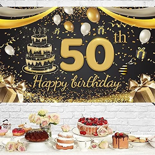 קישוטי יום הולדת 50 לנשים גברים, קישוטים למסיבת שחור וזהב נקודות זהב / סרטים / מתנות יום הולדת שמח גדול
