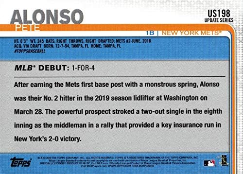 2019 Topps Update Baseball US198 PETE ALONSO TROOKIE CARD CARD - זוכה להיט הראשון בהופעת הבכורה של