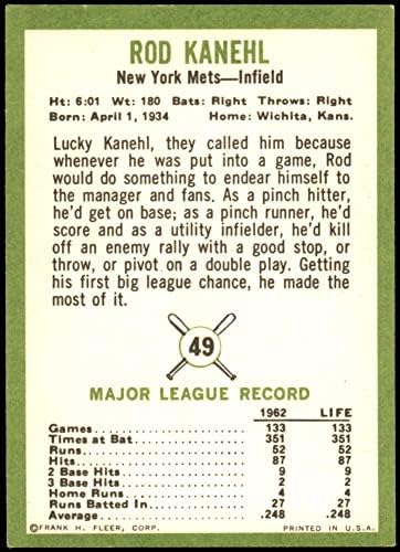 1963 Fleer 49 Rod Kanehl New Yorket Mets Cards's Dean 5 - Ex Mets