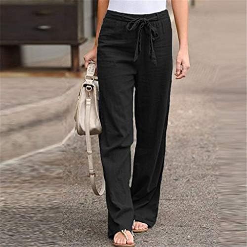מקרית קיץ כותנה פשתן מכנסיים לנשים בבאגי רחב רגל מכנסיים גבוהה מותן חוף מכנסיים עם כיסים נוח מכנסיים