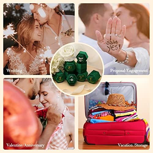 קופסת טבעת קטיפה של Sweetri לחתונה, תיבת טבעת אותיות ראשונית וינטג ', קופסת טבעת אירוסין ירוקה של משושה