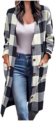קרדיגן ארוך קדמי פתוח לנשים כפתור מטה חולצה משובצת חולצות פלנל חולצות סרוג סוודר סוודר כיסי שרוול ארוך