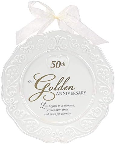 מלדן בינלאומי מתכנן קרמיקה מזוגגת צלחת חגיגות 50 שנה עם מבטאים זהב וסרט לתלייה, 9x9, לבן