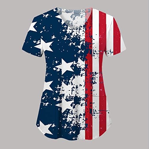 4 ביולי חולצות לנשים דגל ארה ב קיץ שרוול קצר חולצת צווארון עם 2 כיסים חולצות בגדי עבודה מזדמנים לחג